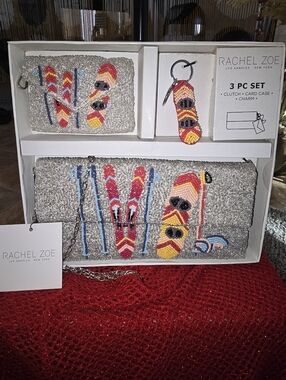 NWT Rachel Zoe Silver Beaded Ski-Themed 3-Piece Clutch Wallet & Charm